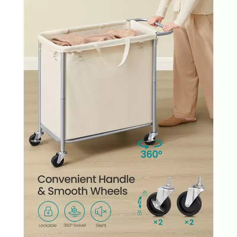 Panier à linge roulant de 180 litres avec doublure amovible – Panier sur roulettes avec freins, blanc crème