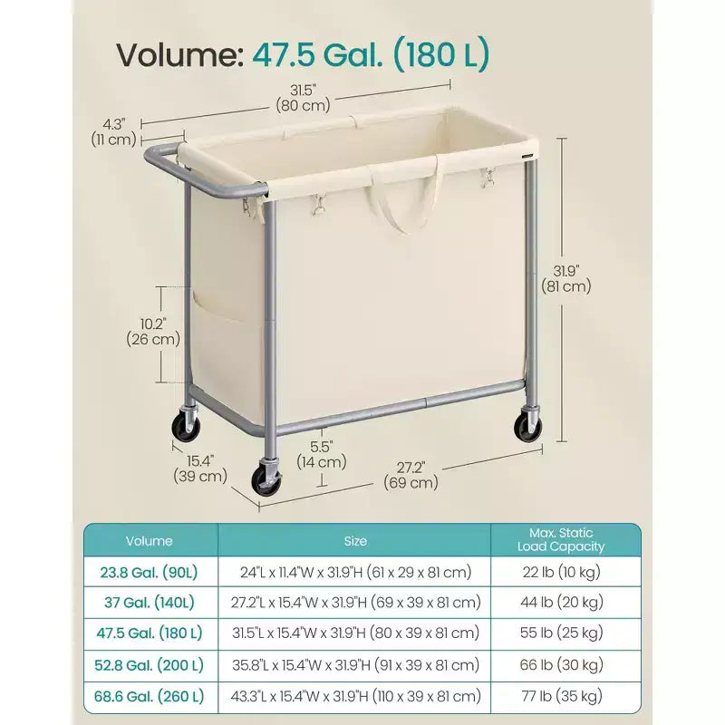 Panier à linge roulant de 180 litres avec doublure amovible – Panier sur roulettes avec freins, blanc crème