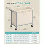 Panier à linge roulant de 180 litres avec doublure amovible – Panier sur roulettes avec freins, blanc crème
