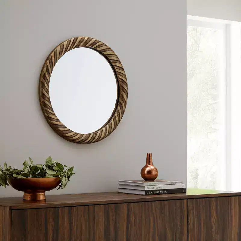 Miroir Mural Rond de 29 po avec Cadre en Métal Texturé – Accent Décoratif Bronze et Cuivre pour la Maison et le Bureau