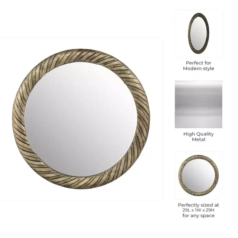 Miroir Mural Rond de 29 po avec Cadre en Métal Texturé – Accent Décoratif Bronze et Cuivre pour la Maison et le Bureau