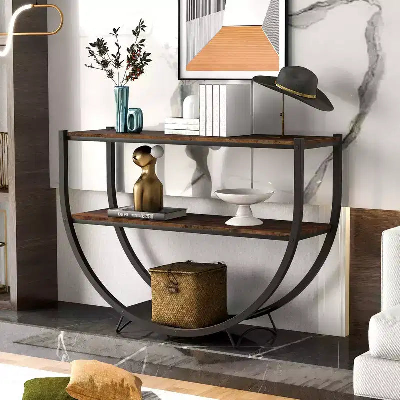 Console Table Demilune Industrielle – Table d'Appoint 3 Niveaux avec Étagères Ouvertes pour Entrée, Salon et Bureau