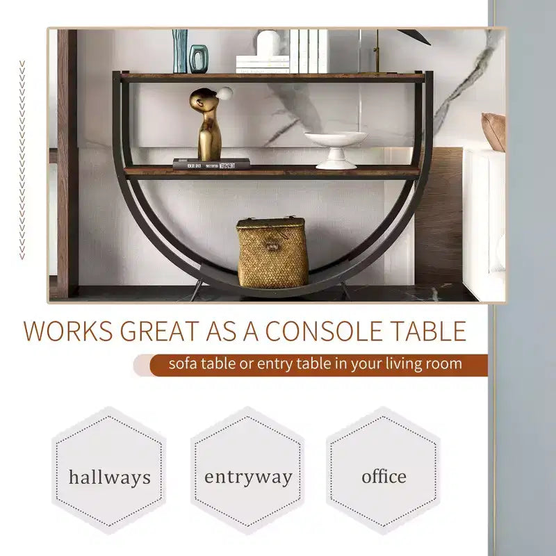 Console Table Demilune Industrielle – Table d'Appoint 3 Niveaux avec Étagères Ouvertes pour Entrée, Salon et Bureau