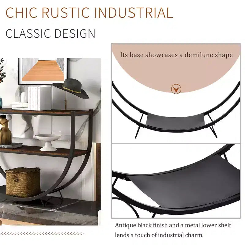 Console Table Demilune Industrielle – Table d'Appoint 3 Niveaux avec Étagères Ouvertes pour Entrée, Salon et Bureau
