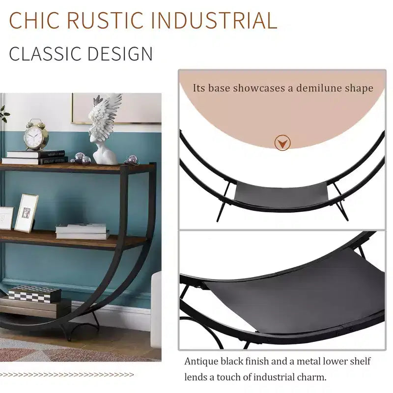 Console Table Demilune Industrielle – Table d'Appoint 3 Niveaux avec Étagères Ouvertes pour Entrée, Salon et Bureau