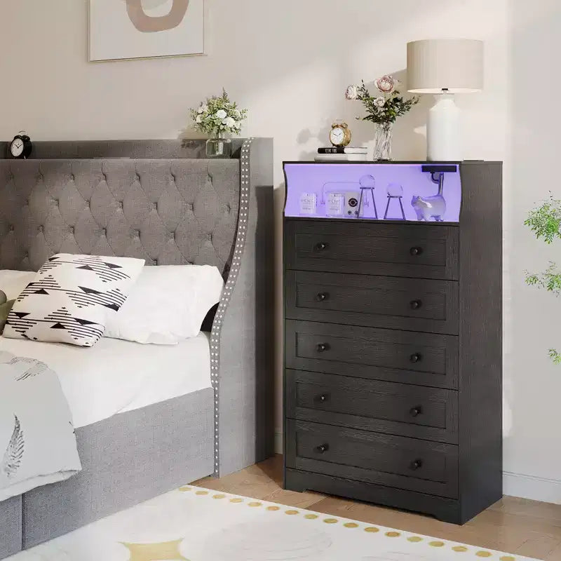 Commode haute 5 tiroirs avec étagère d'exposition – Armoire de rangement en bois moderne pour chambre, placard et couloir