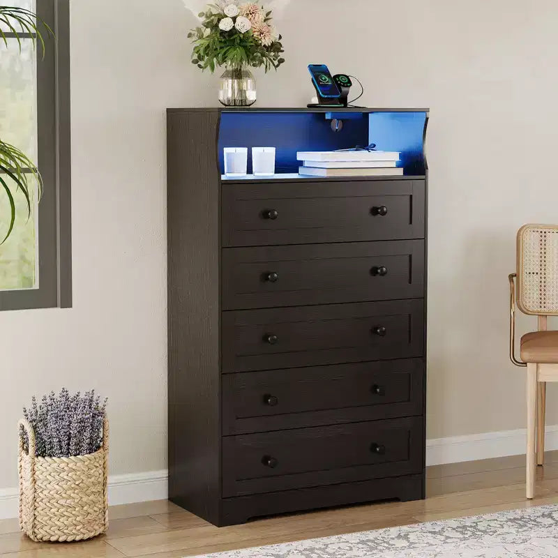 Commode haute 5 tiroirs avec étagère d'exposition – Armoire de rangement en bois moderne pour chambre, placard et couloir
