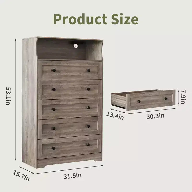 Commode haute 5 tiroirs avec étagère d'exposition – Armoire de rangement en bois moderne pour chambre, placard et couloir