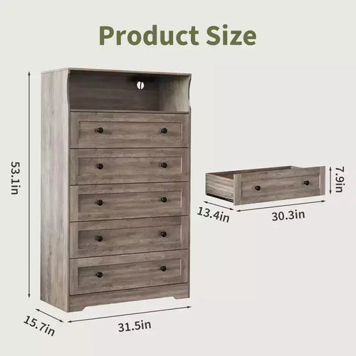 Commode haute 5 tiroirs avec étagère d'exposition – Armoire de rangement en bois moderne pour chambre, placard et couloir