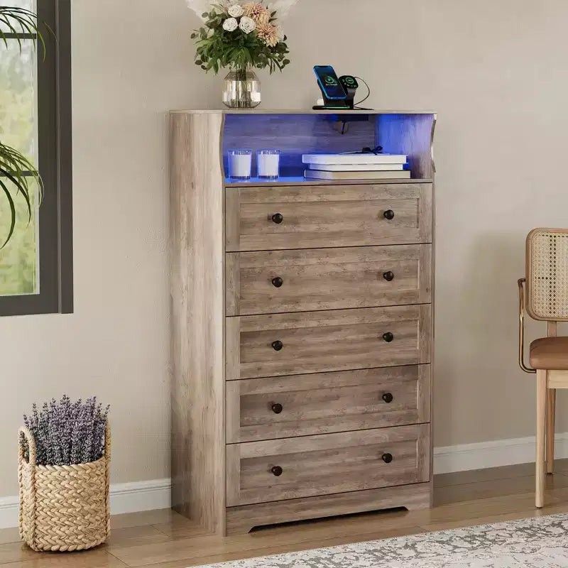 Commode haute 5 tiroirs avec étagère d'exposition – Armoire de rangement en bois moderne pour chambre, placard et couloir