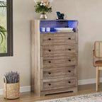 Commode haute 5 tiroirs avec étagère d'exposition – Armoire de rangement en bois moderne pour chambre, placard et couloir