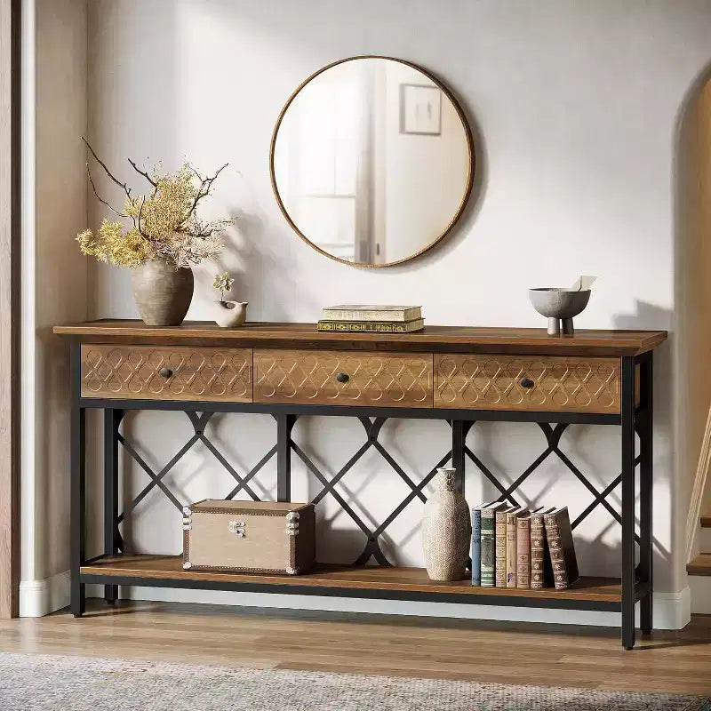 Table console/table d'entrée étroite de 180 cm de long avec 3 tiroirs – 2 niveaux – Style industriel