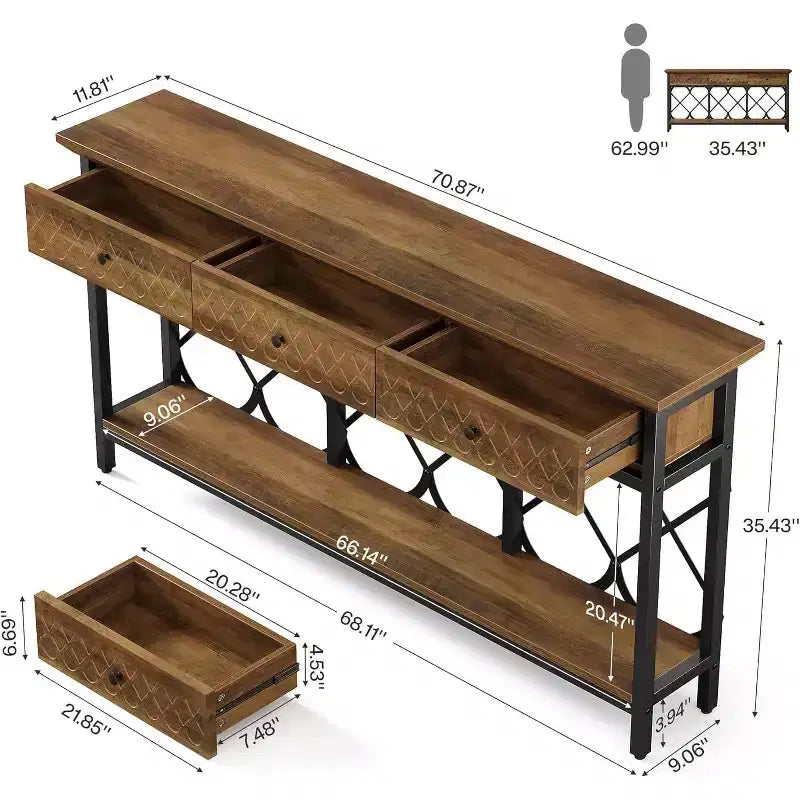 Table console/table d'entrée étroite de 180 cm de long avec 3 tiroirs – 2 niveaux – Style industriel
