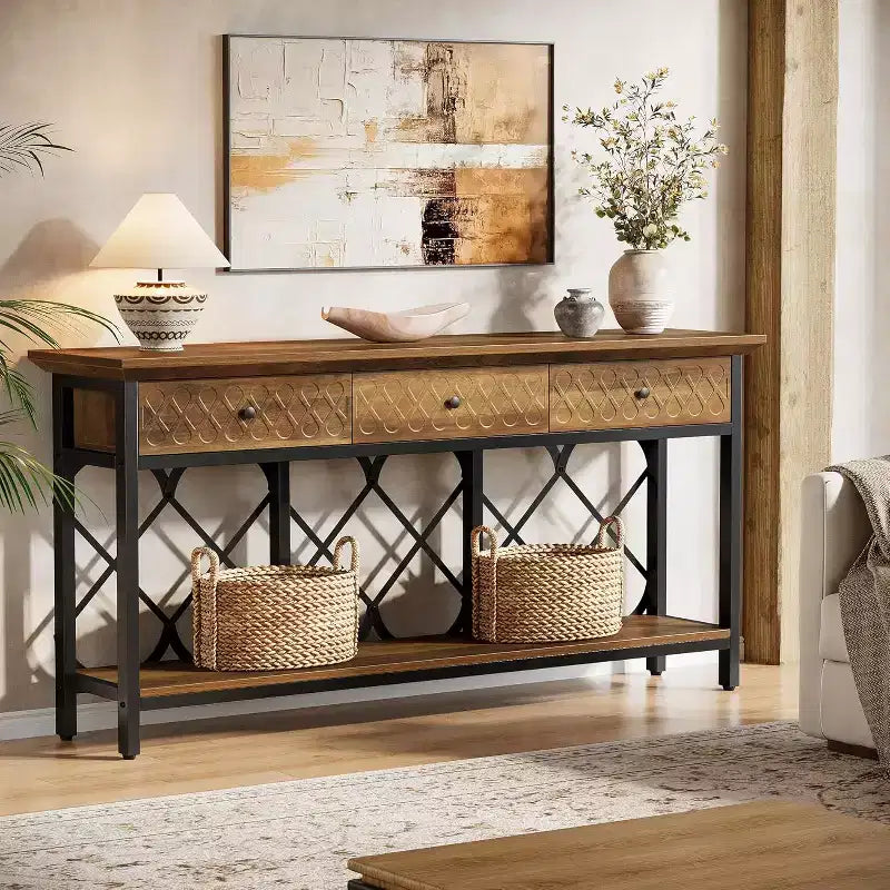 Table console/table d'entrée étroite de 180 cm de long avec 3 tiroirs – 2 niveaux – Style industriel