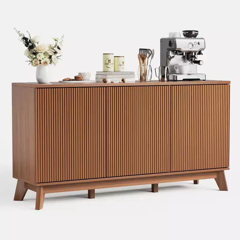 Buffet en bois de 58 po avec portes incurvées – Étagères réglables, Rangement de salle à manger style ferme moderne