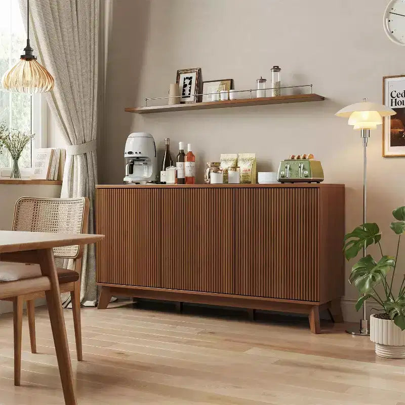 Buffet en bois de 58 po avec portes incurvées – Étagères réglables, Rangement de salle à manger style ferme moderne