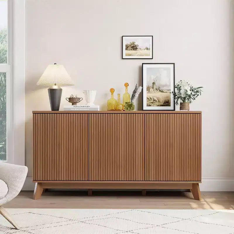 Buffet en bois de 58 po avec portes incurvées – Étagères réglables, Rangement de salle à manger style ferme moderne