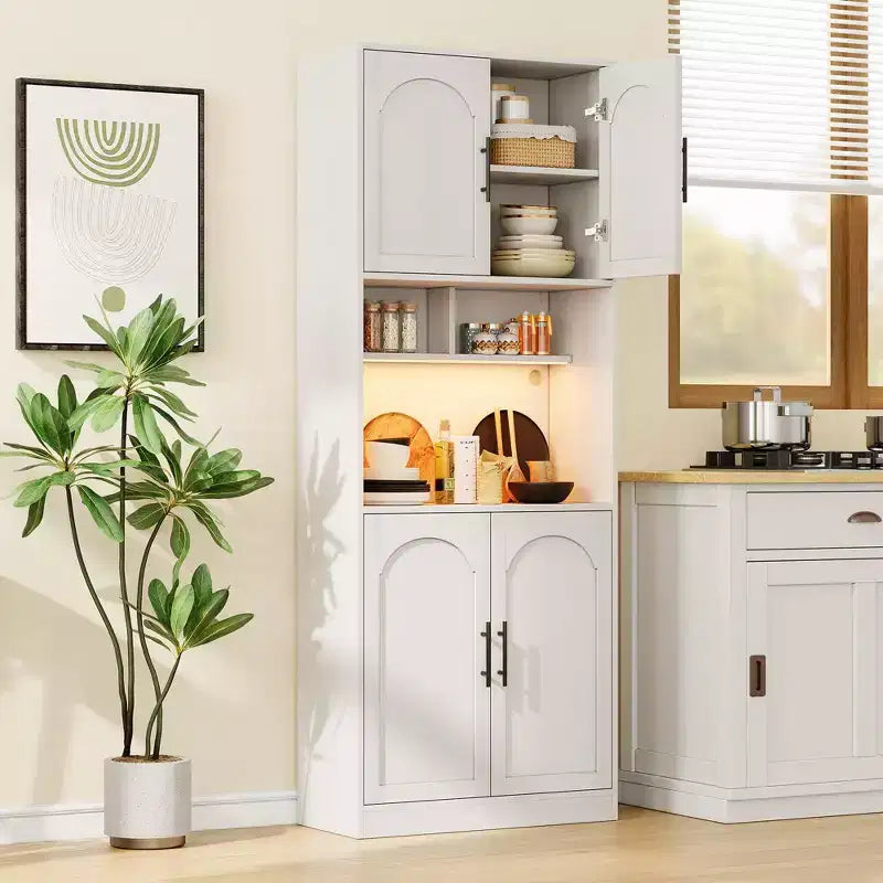 Vaisselier haut avec meuble bar, support pour micro-ondes et éclairage LED – Armoire de rangement pour la salle à manger