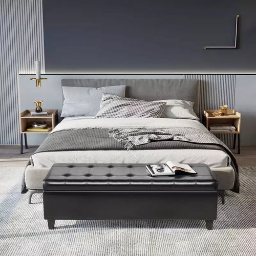 Banc de rangement ottoman en similicuir de 130 cm – Coffre capitonné à couvercle relevable pour salon et entrée