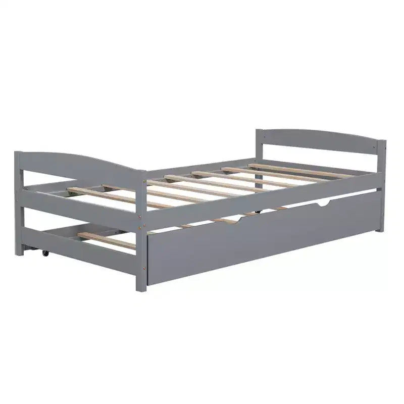 Lit double plateforme avec tête de lit, pied de lit et lit gigogne – Cadre en bois de pin, pas besoin de sommier tapissier