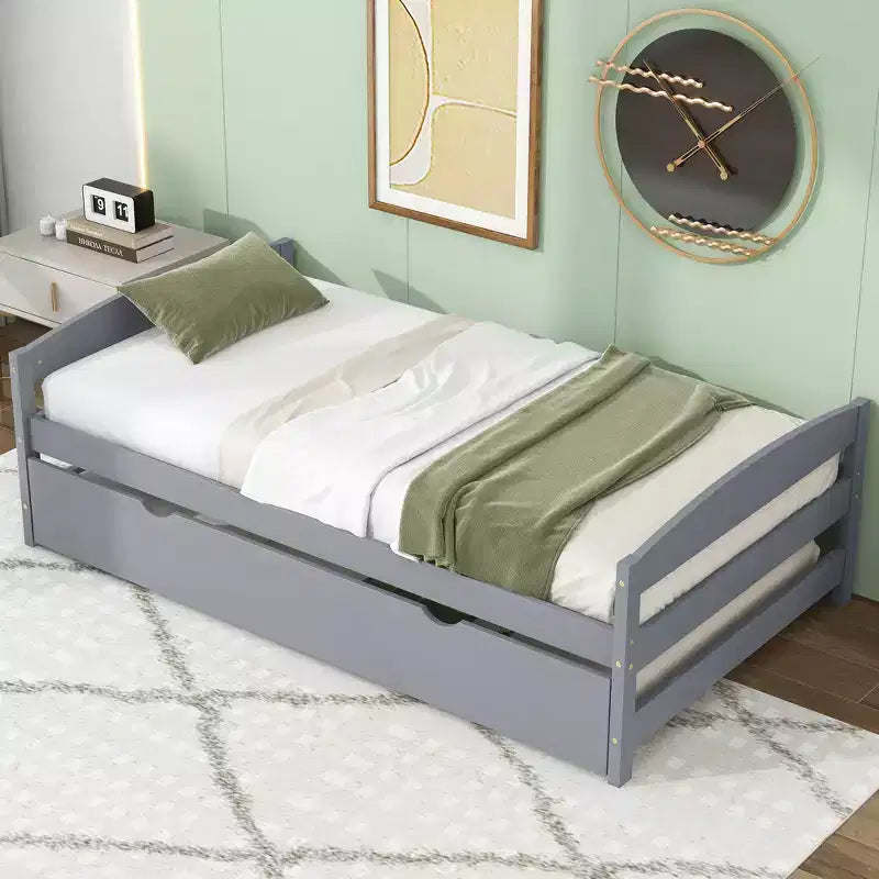 Lit double plateforme avec tête de lit, pied de lit et lit gigogne – Cadre en bois de pin, pas besoin de sommier tapissier
