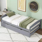 Lit double plateforme avec tête de lit, pied de lit et lit gigogne – Cadre en bois de pin, pas besoin de sommier tapissier
