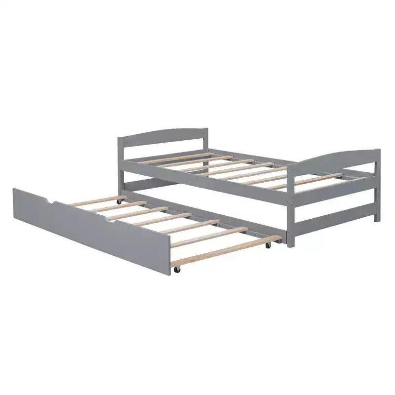 Lit double plateforme avec tête de lit, pied de lit et lit gigogne – Cadre en bois de pin, pas besoin de sommier tapissier