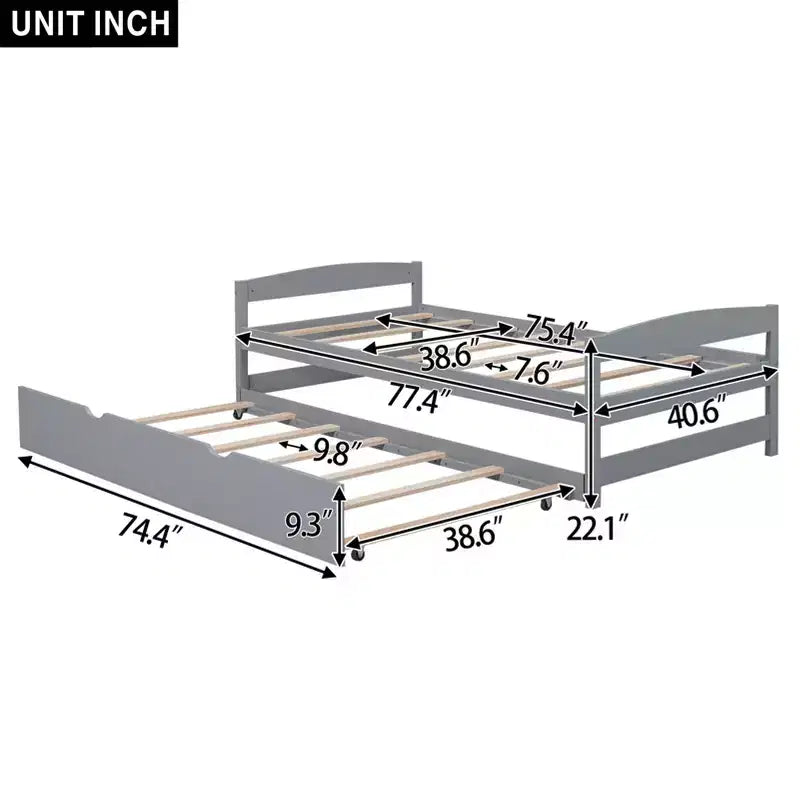 Lit double plateforme avec tête de lit, pied de lit et lit gigogne – Cadre en bois de pin, pas besoin de sommier tapissier