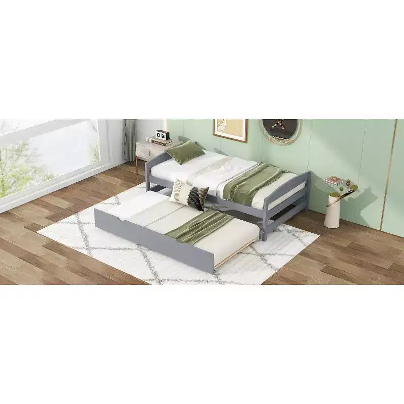 Lit double plateforme avec tête de lit, pied de lit et lit gigogne – Cadre en bois de pin, pas besoin de sommier tapissier