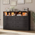 Commode 7 tiroirs avec lumières LED et station de charge – Meuble de rangement en bois avec compartiments ouverts pour chambre à coucher