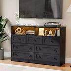 Commode 7 tiroirs avec lumières LED et station de charge – Meuble de rangement en bois avec compartiments ouverts pour chambre à coucher
