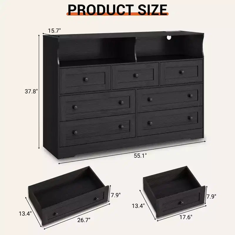 Commode 7 tiroirs avec lumières LED et station de charge – Meuble de rangement en bois avec compartiments ouverts pour chambre à coucher