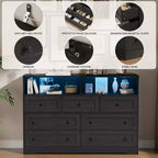 Commode 7 tiroirs avec lumières LED et station de charge – Meuble de rangement en bois avec compartiments ouverts pour chambre à coucher