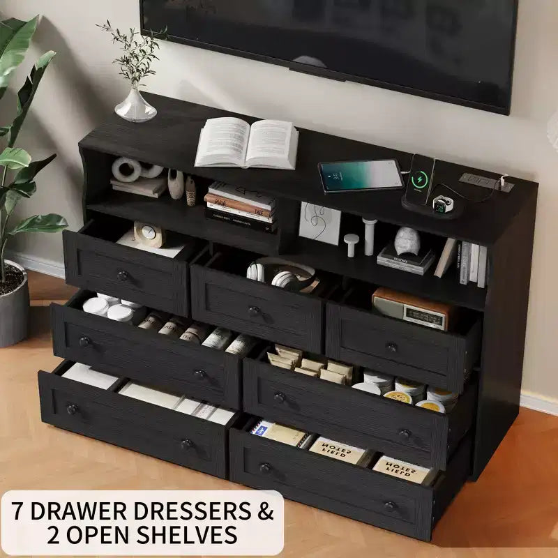 Commode 7 tiroirs avec lumières LED et station de charge – Meuble de rangement en bois avec compartiments ouverts pour chambre à coucher