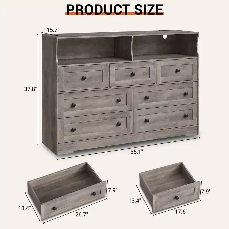 Commode 7 tiroirs avec lumières LED et station de charge – Meuble de rangement en bois avec compartiments ouverts pour chambre à coucher
