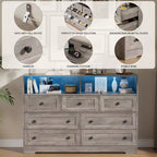 Commode 7 tiroirs avec lumières LED et station de charge – Meuble de rangement en bois avec compartiments ouverts pour chambre à coucher
