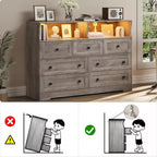 Commode 7 tiroirs avec lumières LED et station de charge – Meuble de rangement en bois avec compartiments ouverts pour chambre à coucher