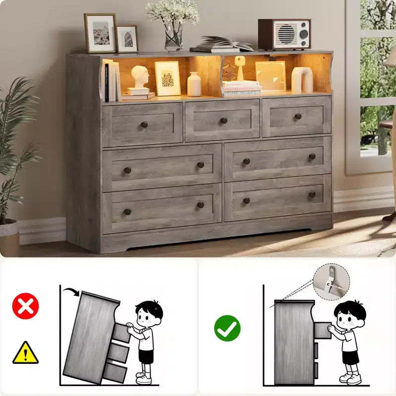 Commode 7 tiroirs avec lumières LED et station de charge – Meuble de rangement en bois avec compartiments ouverts pour chambre à coucher