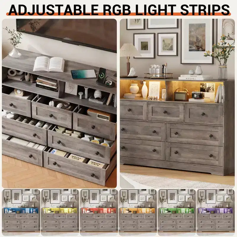 Commode 7 tiroirs avec lumières LED et station de charge – Meuble de rangement en bois avec compartiments ouverts pour chambre à coucher