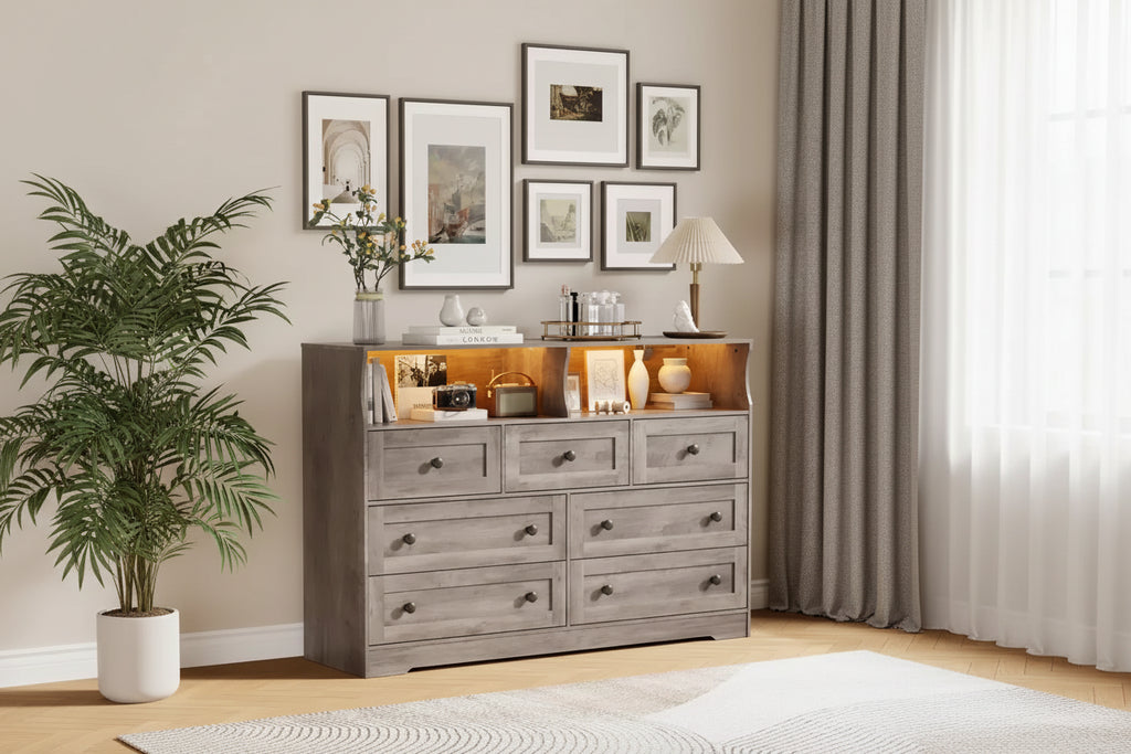 7 Drawer Dresser for Bedroom with LED Lights, Wooden Chest of Drawers with 2 Open Compartments and Charging Station for Closet, Entryway