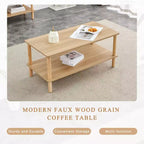 Table basse rectangulaire à 2 niveaux avec étagère de rangement ouverte – Pieds arrondis en bois massif pour salon