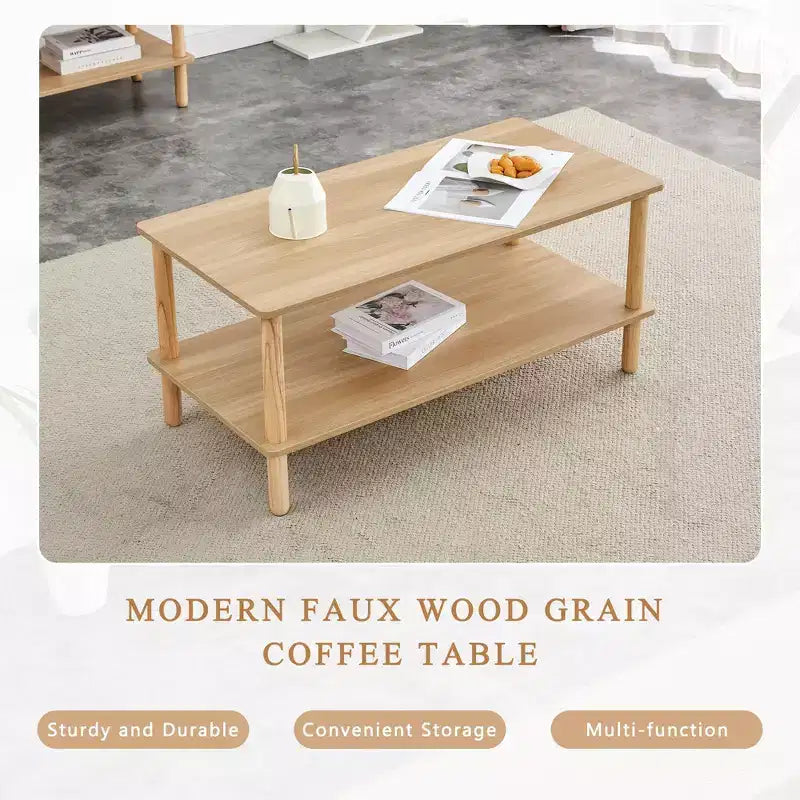 Table basse rectangulaire à 2 niveaux avec étagère de rangement ouverte – Pieds arrondis en bois massif pour salon