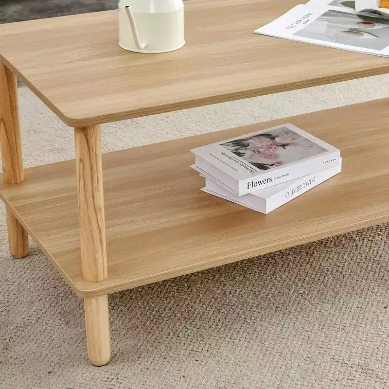 Table basse rectangulaire à 2 niveaux avec étagère de rangement ouverte – Pieds arrondis en bois massif pour salon