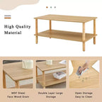 Table basse rectangulaire à 2 niveaux avec étagère de rangement ouverte – Pieds arrondis en bois massif pour salon