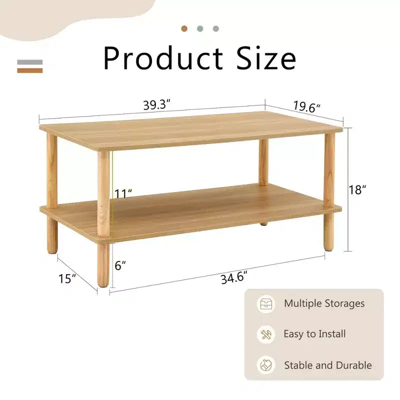 Table basse rectangulaire à 2 niveaux avec étagère de rangement ouverte – Pieds arrondis en bois massif pour salon