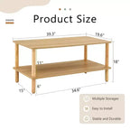 Table basse rectangulaire à 2 niveaux avec étagère de rangement ouverte – Pieds arrondis en bois massif pour salon