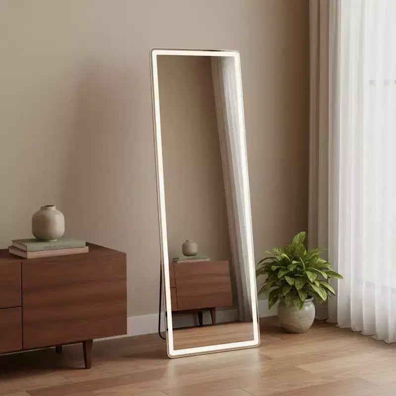 Miroir pleine longueur sans cadre éclairé de 64 po, autoportant et mural