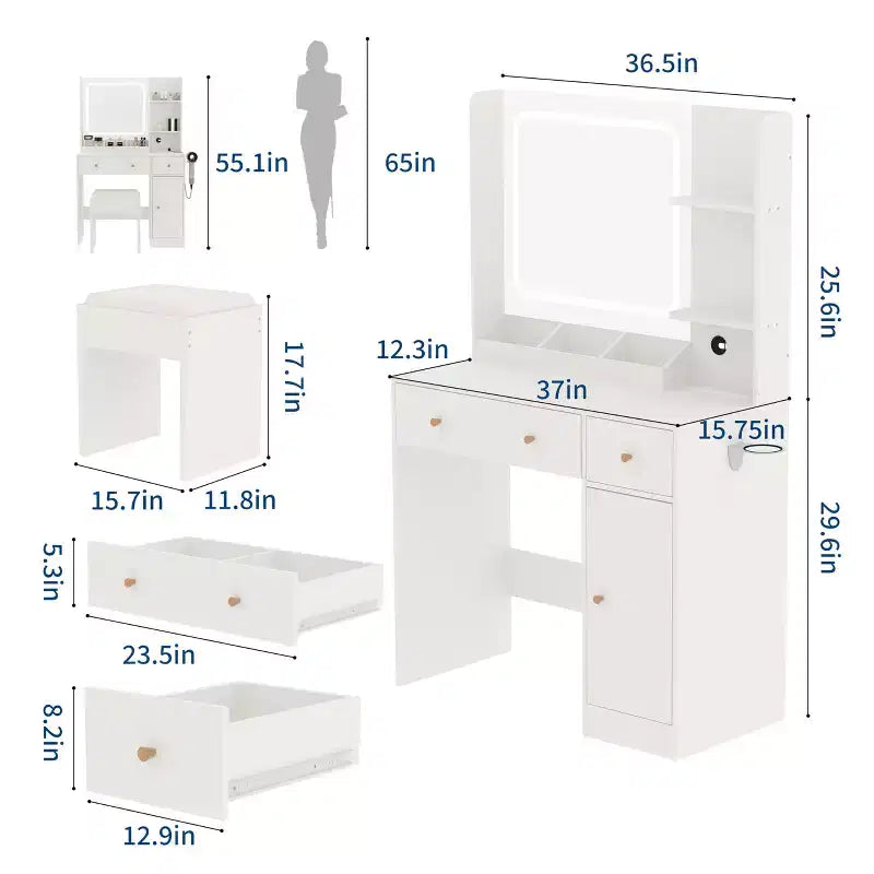 Coiffeuse avec miroir, support pour sèche-cheveux, tiroirs de rangement et tabouret rembourré pour chambre à coucher