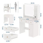Coiffeuse avec miroir, support pour sèche-cheveux, tiroirs de rangement et tabouret rembourré pour chambre à coucher