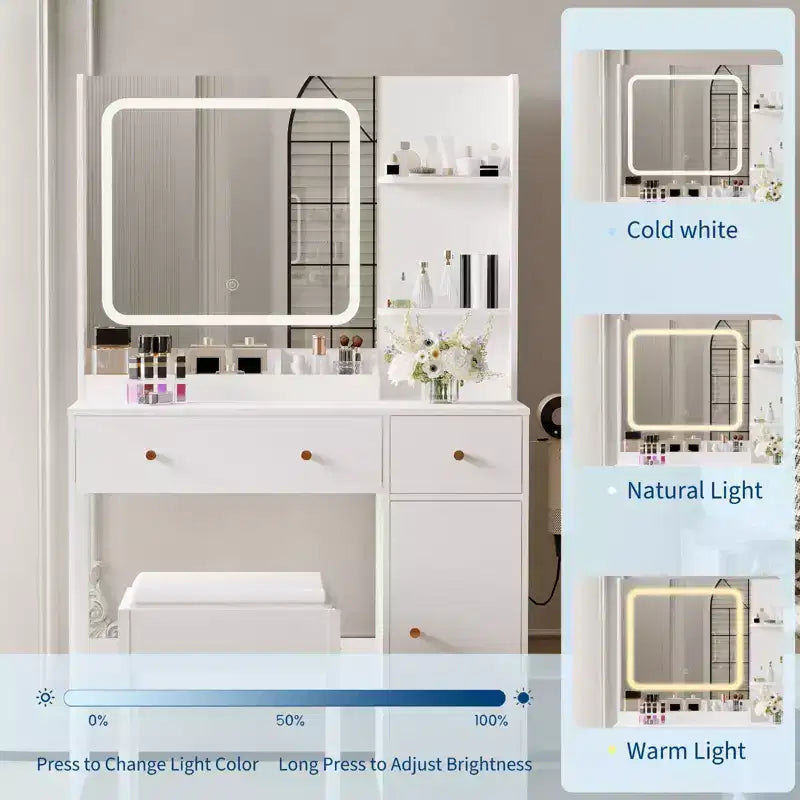 Coiffeuse avec miroir, support pour sèche-cheveux, tiroirs de rangement et tabouret rembourré pour chambre à coucher